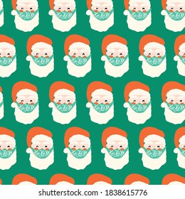 Coronavirus Santa Claus wearing face mask seamless vector pattern. Repeating Christmas 2020 background. Christmas during pandemic hand drawn illustration. Holiday design Ho ho ho lettering.