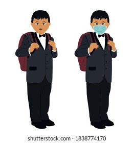 Coronavirus. Schoolboy in a medical mask. Covid-19. Isolation period. Vector illustration.