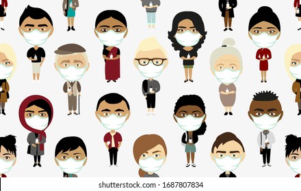 Coronavirus seamless background with masked people of different nationalities with sanitizers in their hands. Cartoon vector illustration.