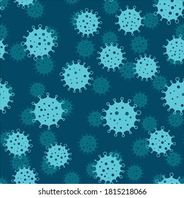 Patrón de fondo sin fisuras de Coronavirus. Siluetas de virus azules. Tema de la eliminación de COVID-19. Ilustración vectorial plana simple