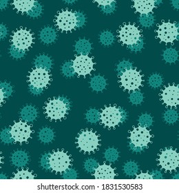 Coronavirus seamless background pattern. Green virus silhouettes. COVID-19 desease theme. Simple flat vector illustration