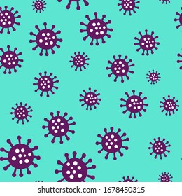 Patrón transparente de Coronavirus. Objetos púrpura Covid-19 aislados sobre fondo verde. Ilustración del vector