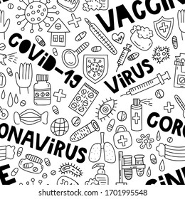Coronavirus. Patrón sin problemas con ilustraciones de doodle y letras sobre temas médicos