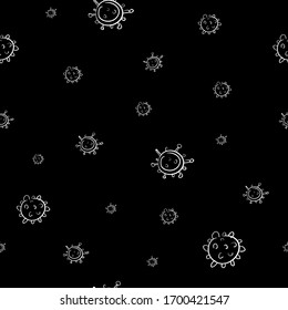 Coronavirus seamless pattern. Endless background with molecules of Covid-19. Hand-drawn backdrop. Epidemic, pandemic, disease, infection, danger. White on black.
Vector illustration