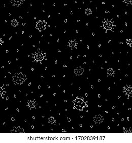 Coronavirus seamless pattern. Endless background with molecules of Covid-19. Hand-drawn backdrop. Epidemic, pandemic, disease, infection, danger. White on black.
Vector illustration