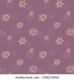 Coronavirus seamless pattern. Endless background with molecules of Covid-19. Bright backdrop with hand-drawn elements.  Epidemic, pandemic, disease, quarantine.
Vector illustration 