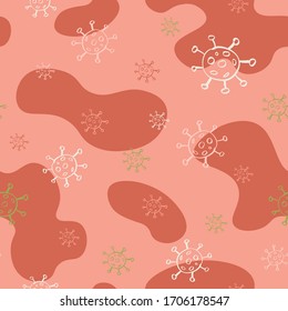 Patrón transparente de Coronavirus. Fondo rojo sin fin con moléculas de Covid-19. Fondo hecho a mano. 
 Ilustración del vector 