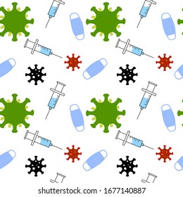 Coronavirus seamless pattern with face mask, coronavirus,syringe.Vector illustration.