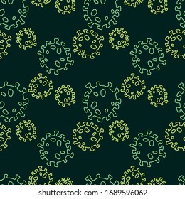 Coronavirus sin fisuras en estilo plano. Pauta médica de Covid-19. Cuarentena epidémica 2019-nCoV. Virus sobre fondo verde oscuro.