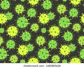 Coronavirus seamless pattern. Novel coronavirus (2019-nCoV). Virus particles with the effect of green luminescence on a dark green background. Concept of coronavirus pandemic. Vector illustration.