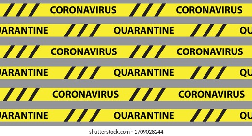 Coronavirus seamless pattern with quarantine black and yellow stripes and text on gray background. Covid-19 Novel virus. No Infection and Stop Coronavirus Concept. Vector medical banner, poster design