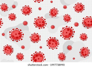 Coronavirus seamless pattern in red on gray net background with cute shapes. Perfect for printing on paper, as elements like infographics, banners presentations, or whatever you like.