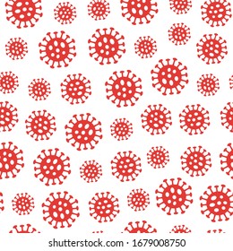 Coronavirus seamless pattern. Repetitive vector illustration of flat red viruses on transparent background. Coronavirus, pandemic. EPS 10.