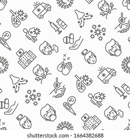 Coronavirus seamless pattern with thin line icons. Symptoms and prevention: 2019-ncov, surgical mask, person-to person, hand washing, pneumonia, bronchitis, ambulance, vaccine. Vector illustration.
