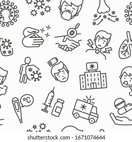 Coronavirus Seamless Pattern With Thin Line Icons. Symptoms And Prevention: 2019-ncov, Surgical Mask, Person-to Person, Hand Washing, Pneumonia, Bronchitis, Hospital, Vaccine. Vector Illustration.