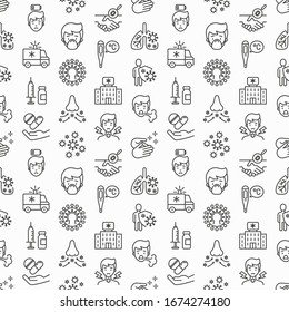 Coronavirus Seamless Pattern With Thin Line Icons. Symptoms And Prevention: COVID-19, Surgical Mask, Person-to Person, Hand Washing, Pneumonia, Bronchitis, Ambulance, Vaccine. Vector Illustration.