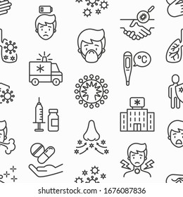 Coronavirus seamless pattern with thin line icons. Symptoms and prevention: 2019-ncov, surgical mask, person-to person, hand washing, pneumonia, bronchitis, ambulance, fatigue. Vector illustration.