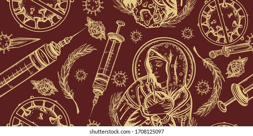 Coronavirus seamless pattern. Vaccination, combating the world pandemic. COVID-19 (2019-nCoV). Nurse doctor, syringe, virus. Stop epidemic art. Old school tattoo style