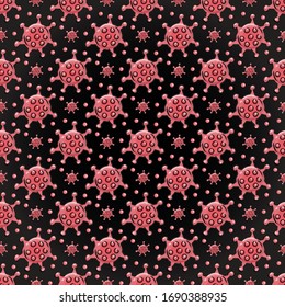 Coronavirus seamless pattern, virus on a black background, Covid-19, novel coronavirus, 2019-nCoV, bacteria backdrop