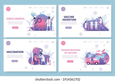 Coronavirus search vaccine invention transportation and vaccination flat banners set isolated vector illustration