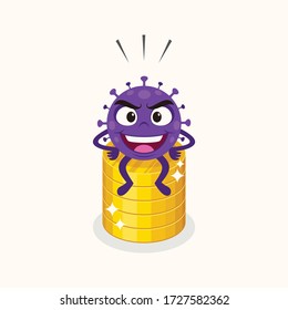 Coronavirus seating on a coins. Economic impact by covid 2019 coronavirus. Global economic crisis created by covid 19 coronavirus.