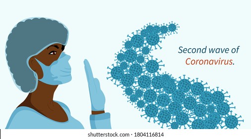 Coronavirus second wave concept. The doctor is trying to stop the second wave of coronavirus covid-19 with his hand. Be careful and strong. Vector illustration.