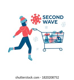 Coronavirus zweite Welle Winter Shopping. Junge Frau, die mit vollem Warenkorb läuft und alle Lebensmittel kauft, die sie im Supermarkt finden kann. COVID-19 Konzept flach Vektorzeichen.