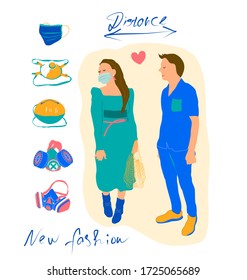 Coronavirus second wave.People in quarantine, young man and woman wearing medical masks to prevent disease, flu.New quarantine fashion, colourful masks and respirators.Keep your distance. Vector flat