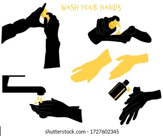 Coronavirus second wave.Washing hands with soap vector illustration. Use antiseptic and gloves. Virus prevention. Covid-19 stay safe. Yellow and black pairs of hands. Wash hands 20 sec