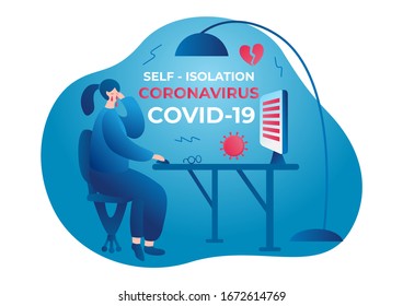 Coronavirus. Self isolation. Home quarantine from Covid-19. All stay at home. Vector illustration woman Self-isolate from a pandemic.