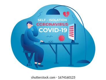 Coronavirus. Self isolation. Home quarantine from Covid-19. All stay at home. Vector illustration woman Self-isolate from a pandemic. Man sitting at the table