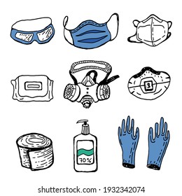Coronavirus self protection items like surgical mask, protective glasses, rubber gloves, antiseptic. Hand drawn vector illustration. 