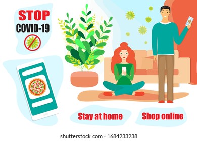 Coronavirus self quarantine vector concept. Couple, man and woman in the living room with a smartphone in hands. Covid-19 virus in the air behind the window. Message stay at home, shop online.