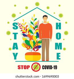 Coronavirus self quarantine vector concept. A man standing inside building. Covid-19 virus outside the house. Message stay at home. Stop from spreading virus.