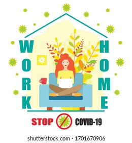 Coronavirus self quarantine vector concept. A young girl with laptop working at home. Covid-19 virus outside the house. Message work at home. Stop from spreading virus.