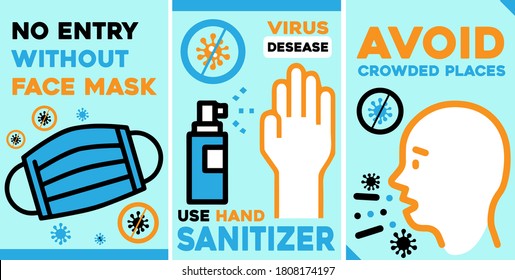 Coronavirus set of advice guide flat style vector banner, high contrast for accessibility, virus illustration, different scenes for web, poster, children's education, hand washing, social distancing