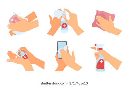 Coronavirus set of advice to use hygienic products. Medical mask, soap, antiseptic, cleaning tissues, different elements for web, poster education, hand washing, social distancing, virus illustration