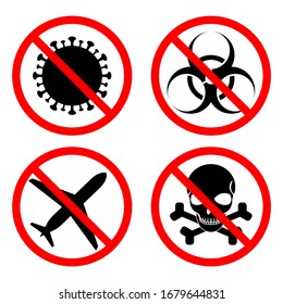 Konzept der Coronavirus-Menge. Kein Virus-Symbol und stoppen biologische Infektionen. Kein Kontaminationszeichen, Vektorgrafik und Verbotsebene und Flug