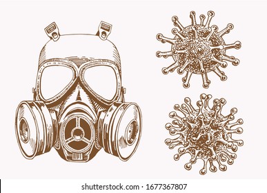 Coronavirus set, graphical mask and molecules ,sepia background,vector illustration