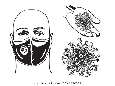 Coronavirus set, graphical sketch of virus and man in protective mask isolated on white bakground, vector illustration