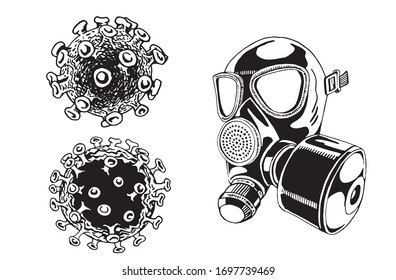 Coronavirus set, graphical viruses and protective mask isolated on white bakground, vector illustration