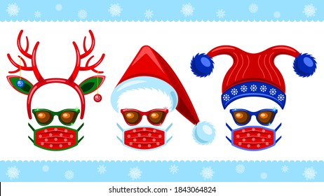 Coronavirus, Set headdress of Santa Claus, sunglasses and medical mask isolated on a white background. Flat cartoon design vector, illustration.