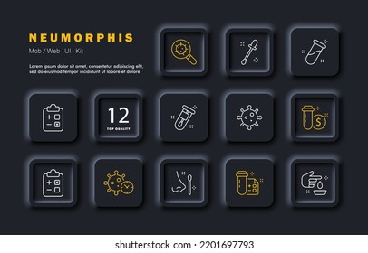 Coronavirus set icon. Test tube, nose drops, pandemic, experiment, vaccine development, virus test, epidemic. Stay home concept. Neomorphism style. Vector line icon for Business and Advertising