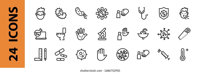 CORONAVIRUS a set of icons on the theme of Coronavirus, contains such icons as nucleation, hand washing, mask, bacteria, sneezing, Editable stroke, on a white background.