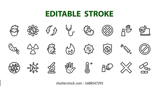 CORONAVIRUS a set of icons on the theme of Coronavirus, contains such icons as nucleation, hand washing, mask, bacteria, sneezing, Editable stroke, on a white background.