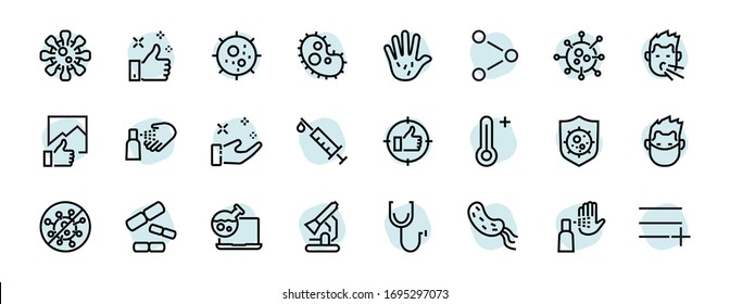 CORONAVIRUS a set of icons on the theme of Coronavirus, contains such icons as nucleation, hand washing, mask, bacteria, sneezing, Editable stroke, on a white background.