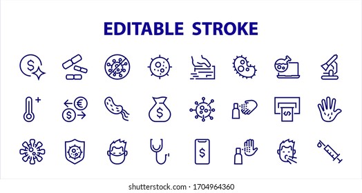 CORONAVIRUS set of icons on the theme of coronavirus, contains icons such as antiseptic, hand washing, mask, bacteria, sneezing, temperature Editable stroke, Vector illustration,