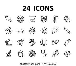 CORONAVIRUS set of icons on the theme of coronavirus, contains icons such as antiseptic, hand washing, mask, bacteria, sneezing, temperature Editable stroke, Vector illustration,