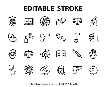 CORONAVIRUS set of icons on the theme of coronavirus, contains icons such as antiseptic, hand washing, mask, bacteria, sneezing, temperature Editable stroke, Vector illustration,