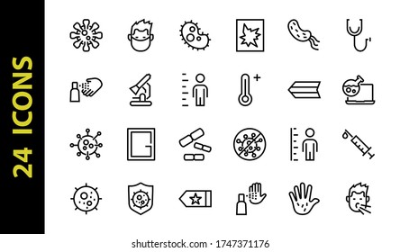 CORONAVIRUS set of icons on the theme of coronavirus, contains icons such as antiseptic, hand washing, mask, bacteria, sneezing, temperature Editable stroke, Vector illustration,